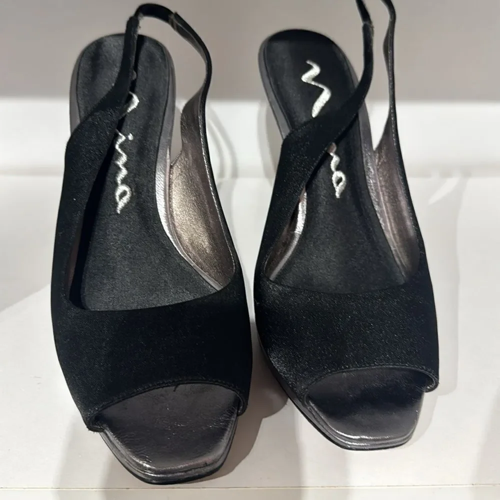 Nina Shoes Black and Silver Slingback Heels